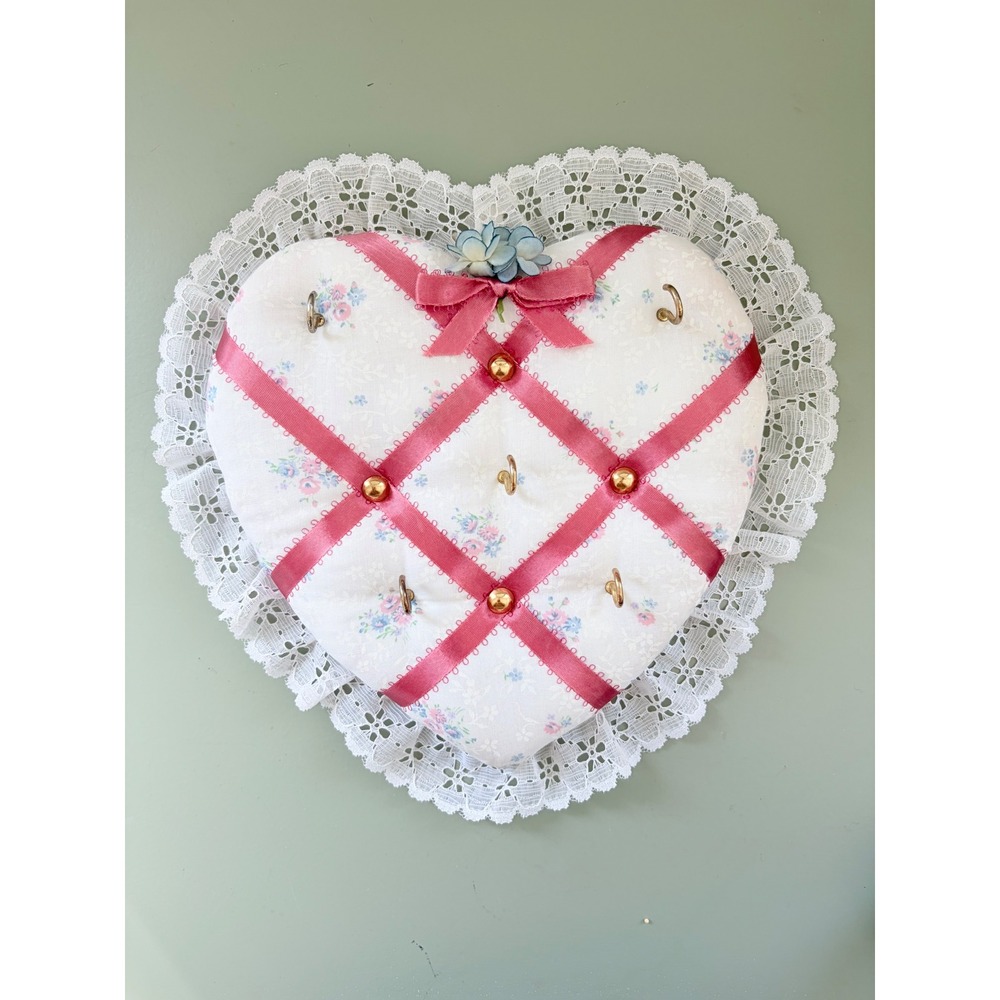 Vintage Heart Wall Organizer with Hooks | Cottagecore Jewelry Hooks | Bow Holder